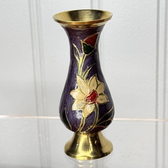 Vintage Brass Mini Bud Vase Hand Painted Floral Enamel Cloisonné Style 3” Small - Picture 3 of 7